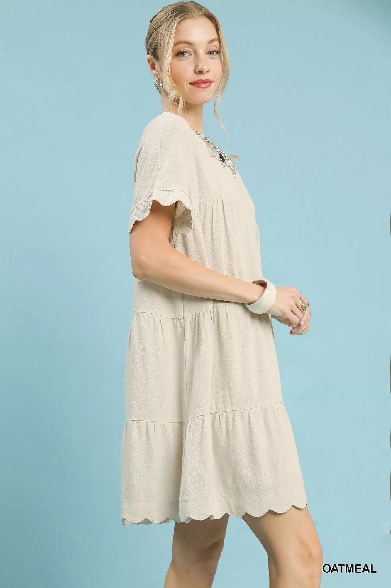 Umgee Linen Tiered Babydoll Dress with Ruffle Sleeves OutfitFlow