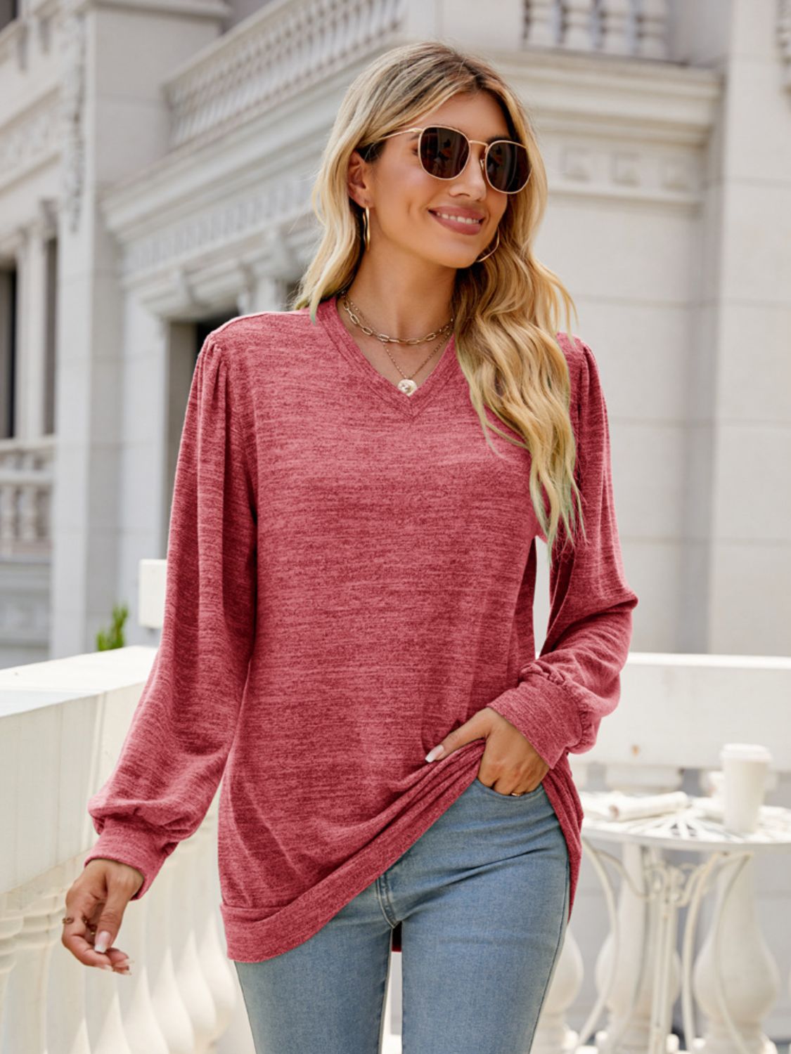 Outfit Flow - Heathered V-Neck Long Sleeve T-Shirt