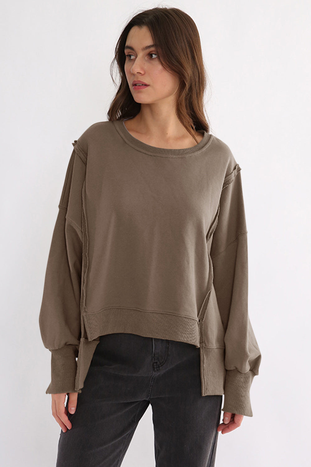 Outfit Flow - Exposed Seam High-Low Long Sleeve Sweatshirt