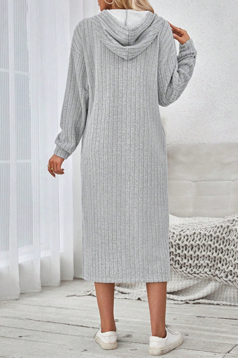 Outfit Flow - Side Slit Drawstring Long Sleeve Hooded Dress