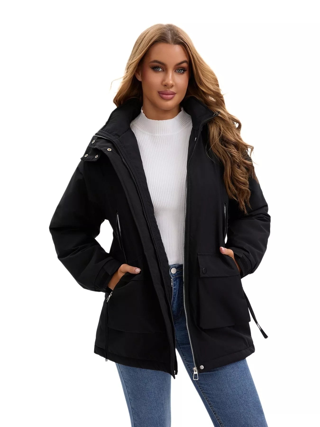 Full Size Zip Up Hooded Parka Outerwear Plus Size Black OutfitFlow