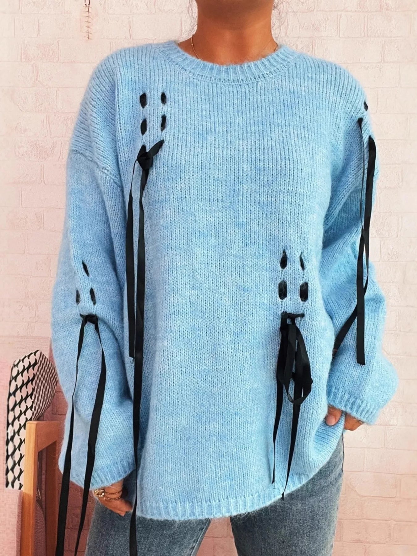 Round Neck Long Sleeve Sweater with Ribbon Details Blue One Size OutfitFlow