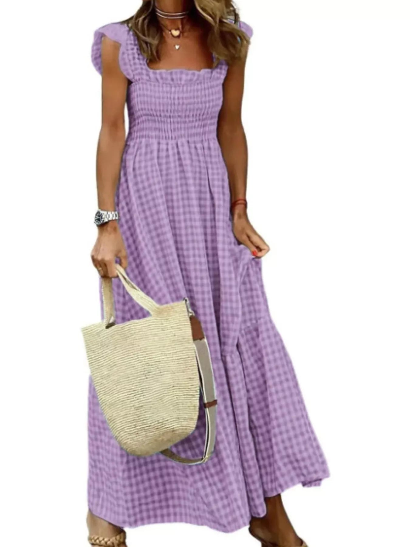 Full Size Gingham Smocked Ruffle Maxi Dress Plus Size Added Purple OutfitFlow
