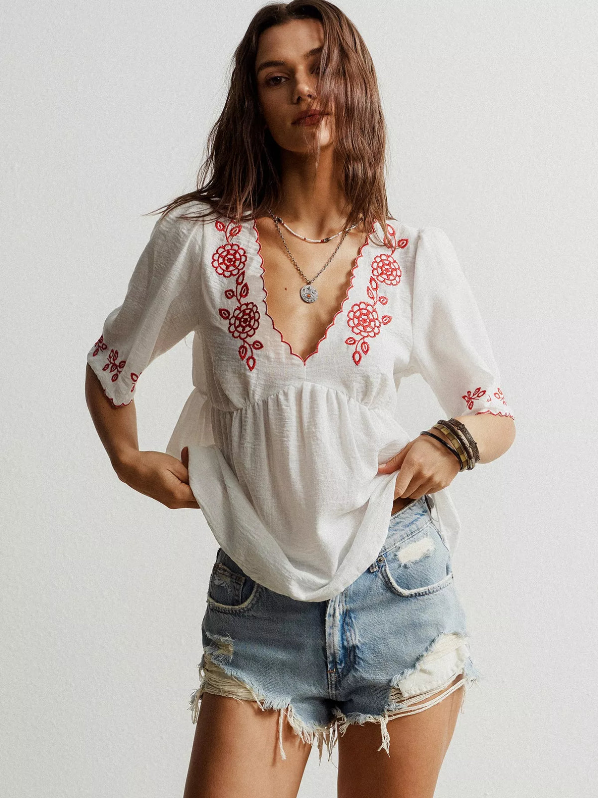 Embroidered Floral V-Neck Blouse White OutfitFlow