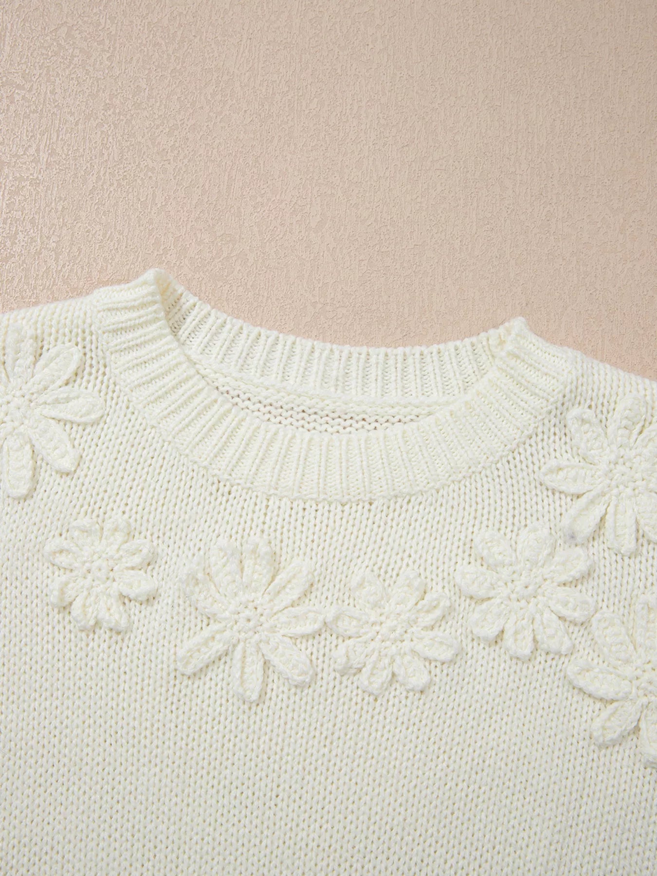 Flower Detail Round Neck Contrast Textured Puff Sleeve Sweater OutfitFlow
