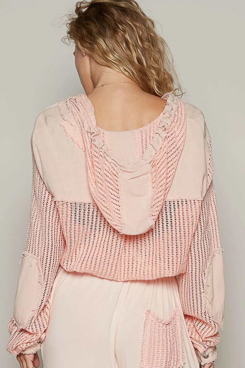 POL Texture Woven Button Down Hooded Shirt with Drawstring Hem OutfitFlow