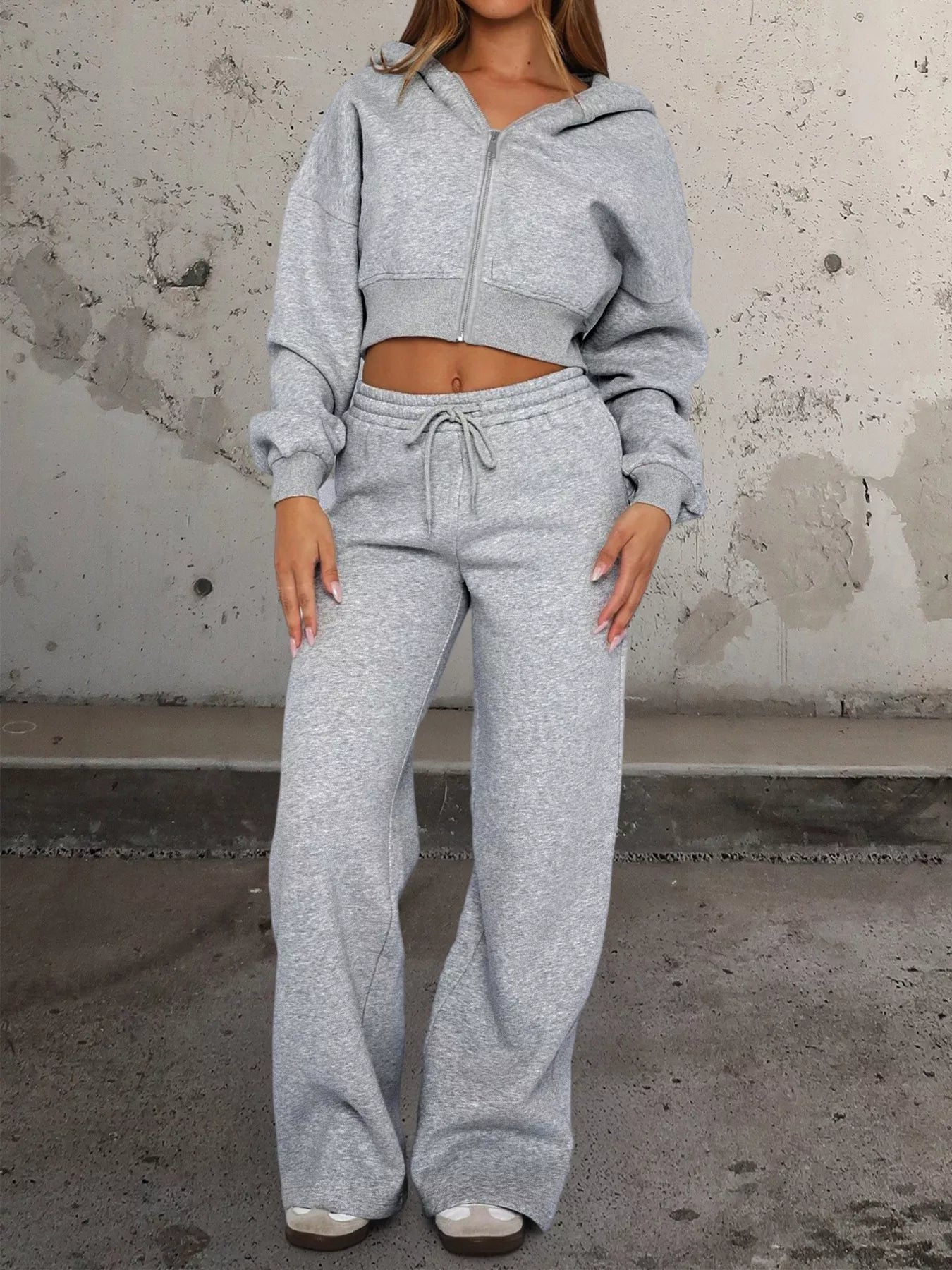 Zip Up Hoodie and Drawstring Pants Set Gray OutfitFlow