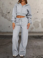 Zip Up Hoodie and Drawstring Pants Set Gray OutfitFlow