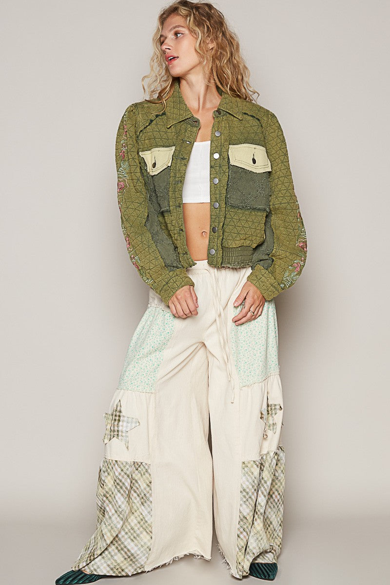 Outfit Flow - POL Embroidered Sleeve Raw Edge Quilted Jacket