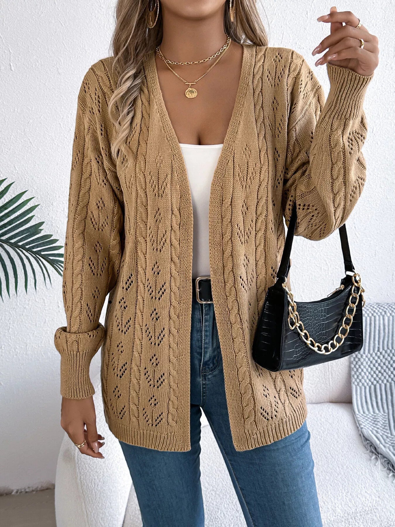 Openwork Open Front Long Sleeve Cardigan OutfitFlow
