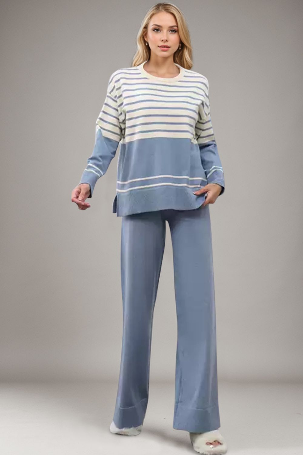 Basic Bae Striped Round Neck Long Sleeve Top and Pants Sweater Set