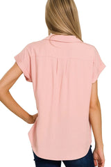 Zenana Tencel V-neck Collared Top W Front Flap Pockets OutfitFlow