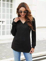 V-Neck Ribbed Long Sleeve Knit Top OutfitFlow