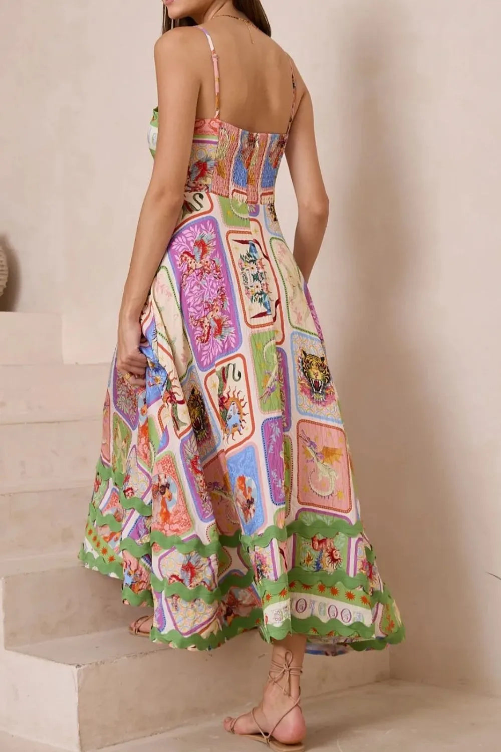 Smocked Printed Square Neck Cami Dress OutfitFlow