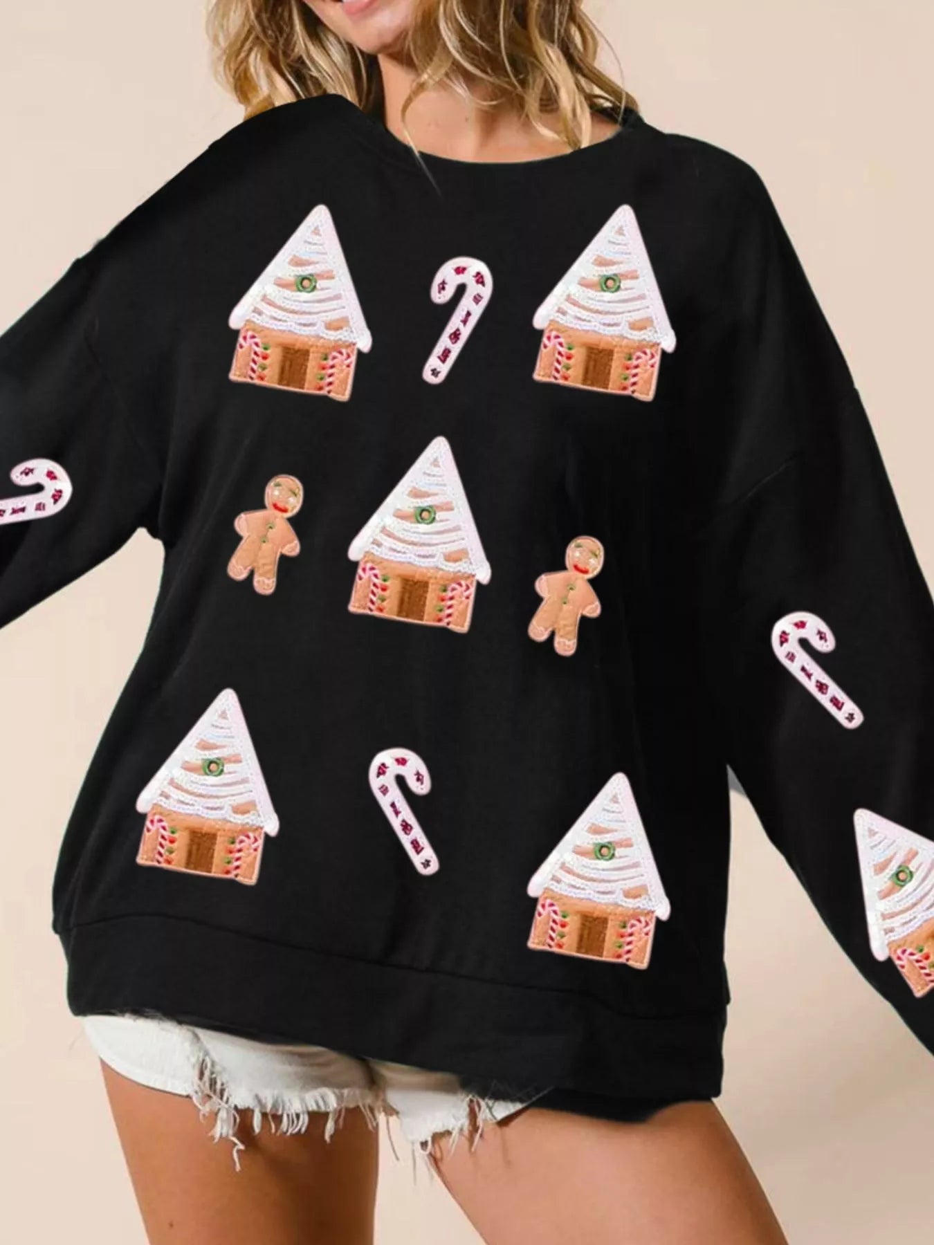 Christmas Gingerbread House Sequin Sweatshirt Black OutfitFlow