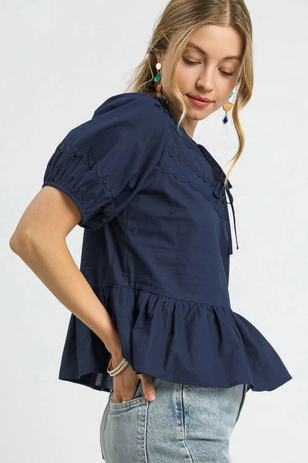 Umgee Tie Front Puff Sleeve Blouse OutfitFlow