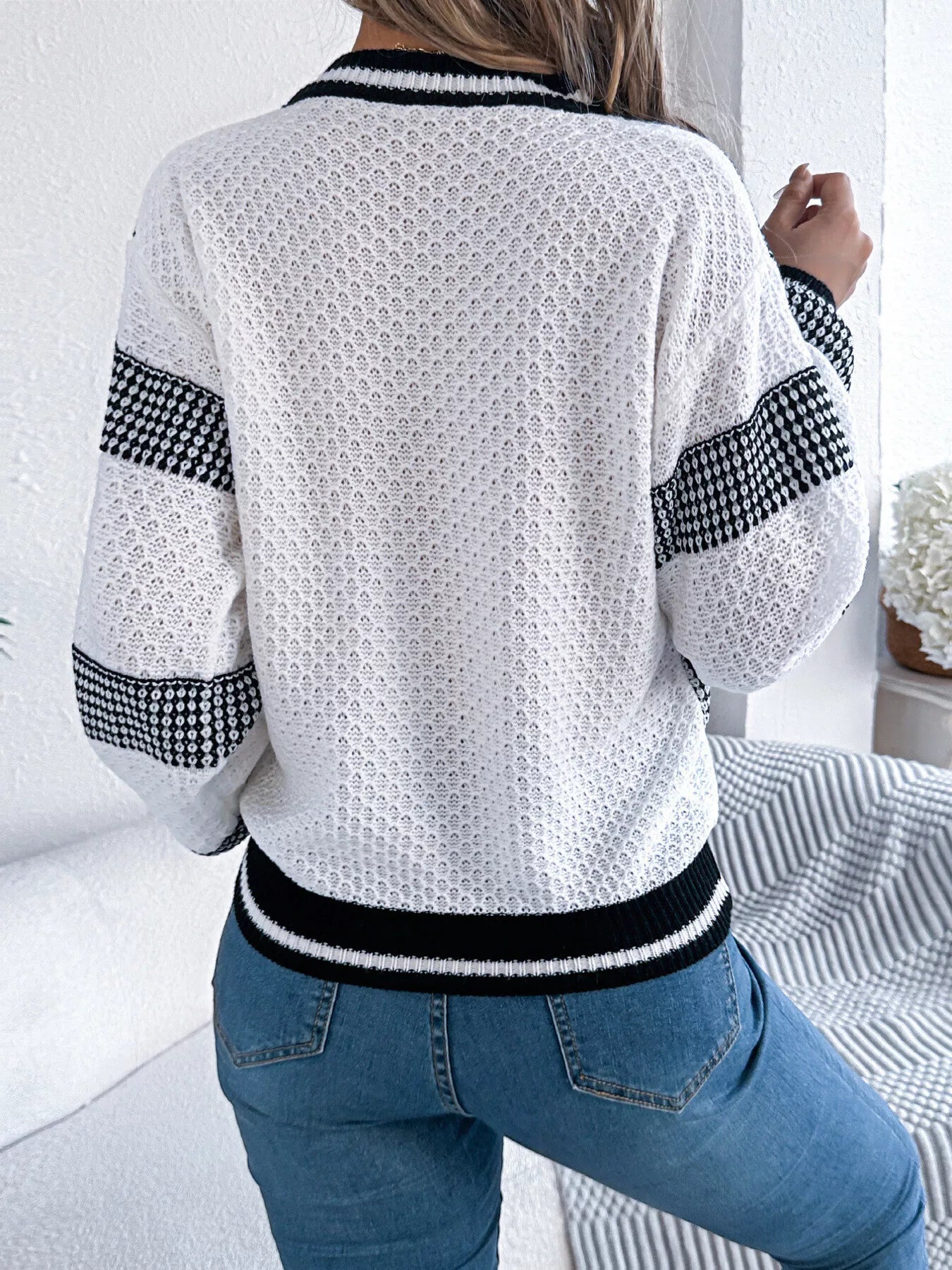 Contrast Striped V-Neck Sweater OutfitFlow