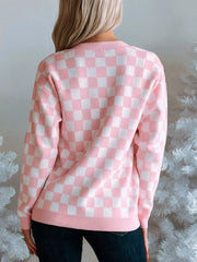 Christmas Tree Pattern Checkered Button V Neck Cardigan OutfitFlow