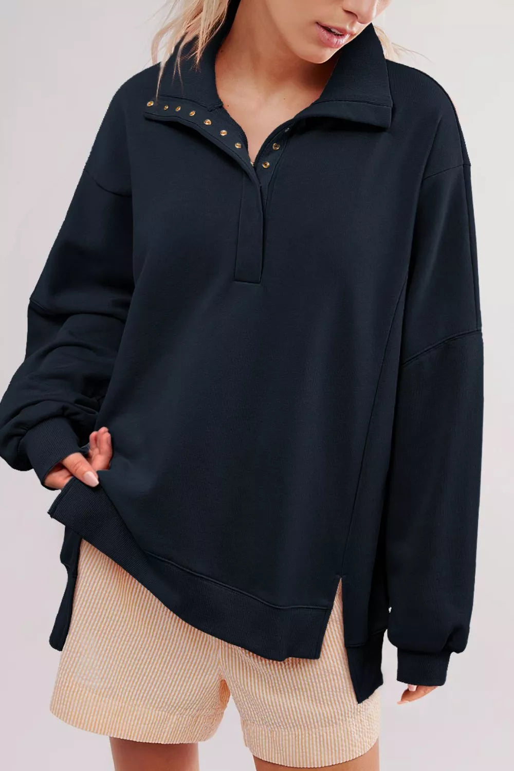 uttoned Collared Raw Detail High Low Baggy Sweatshirt with Slits Dark Navy OutfitFlow