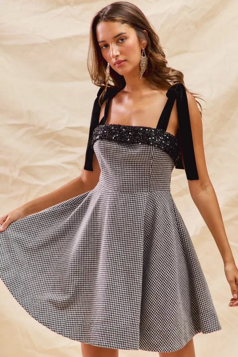 SO ME Houndstooth Fit Flare Mini Dress with Shoulder Tie OutfitFlow
