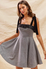 SO ME Houndstooth Fit Flare Mini Dress with Shoulder Tie OutfitFlow