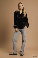 Umgee Velvet Long Sleeve Blouse with Contrast Trim OutfitFlow