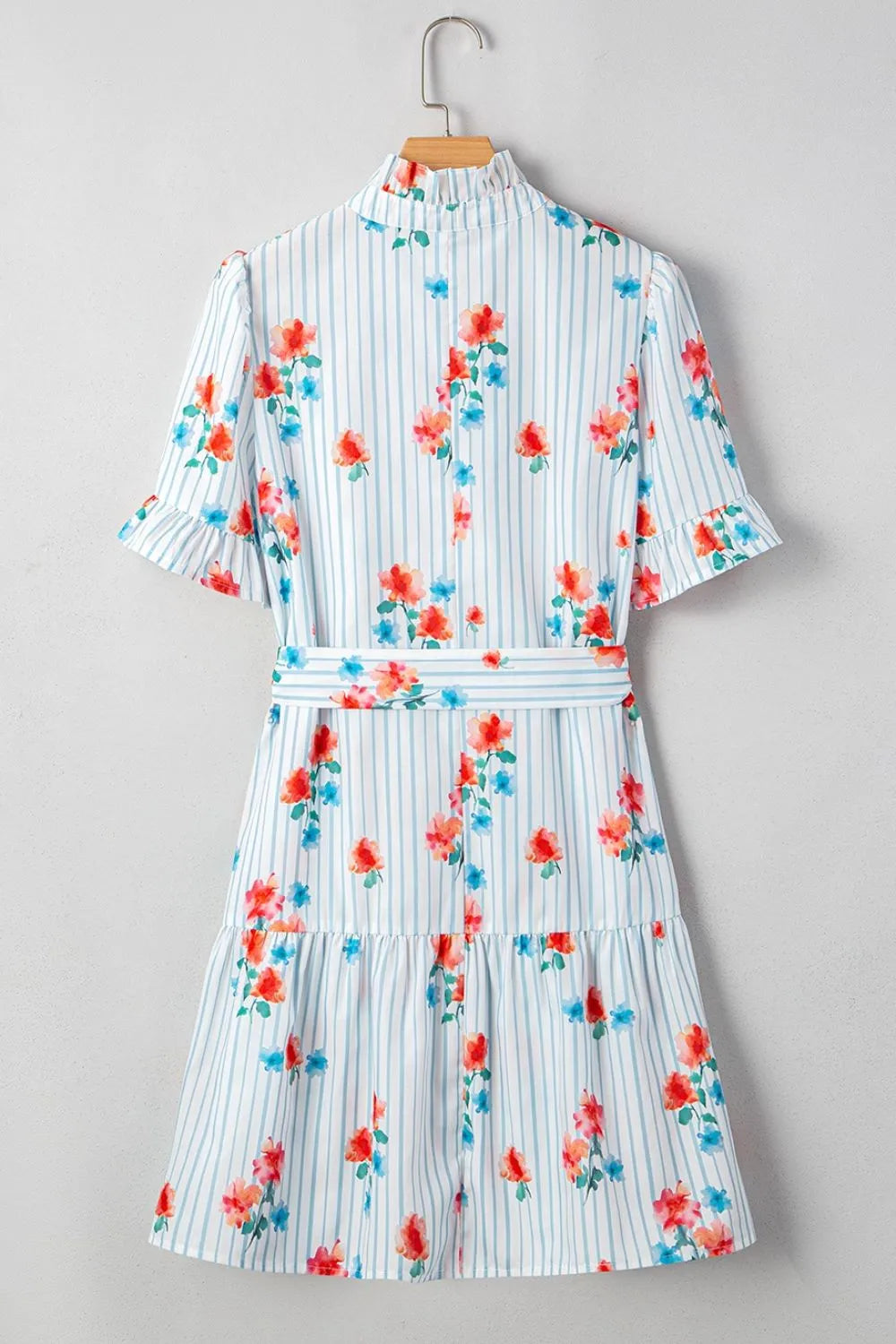 Stripe Floral Pattern Ruffle Short Sleeve Belted Mini Dress OutfitFlow