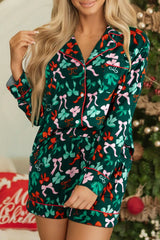 Bow Print Long Sleeve Shirt and Shorts Pajama Set OutfitFlow