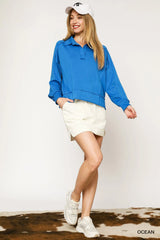 Umgee Collared Neck Long Sleeve Top with Raw Hem Detail OutfitFlow