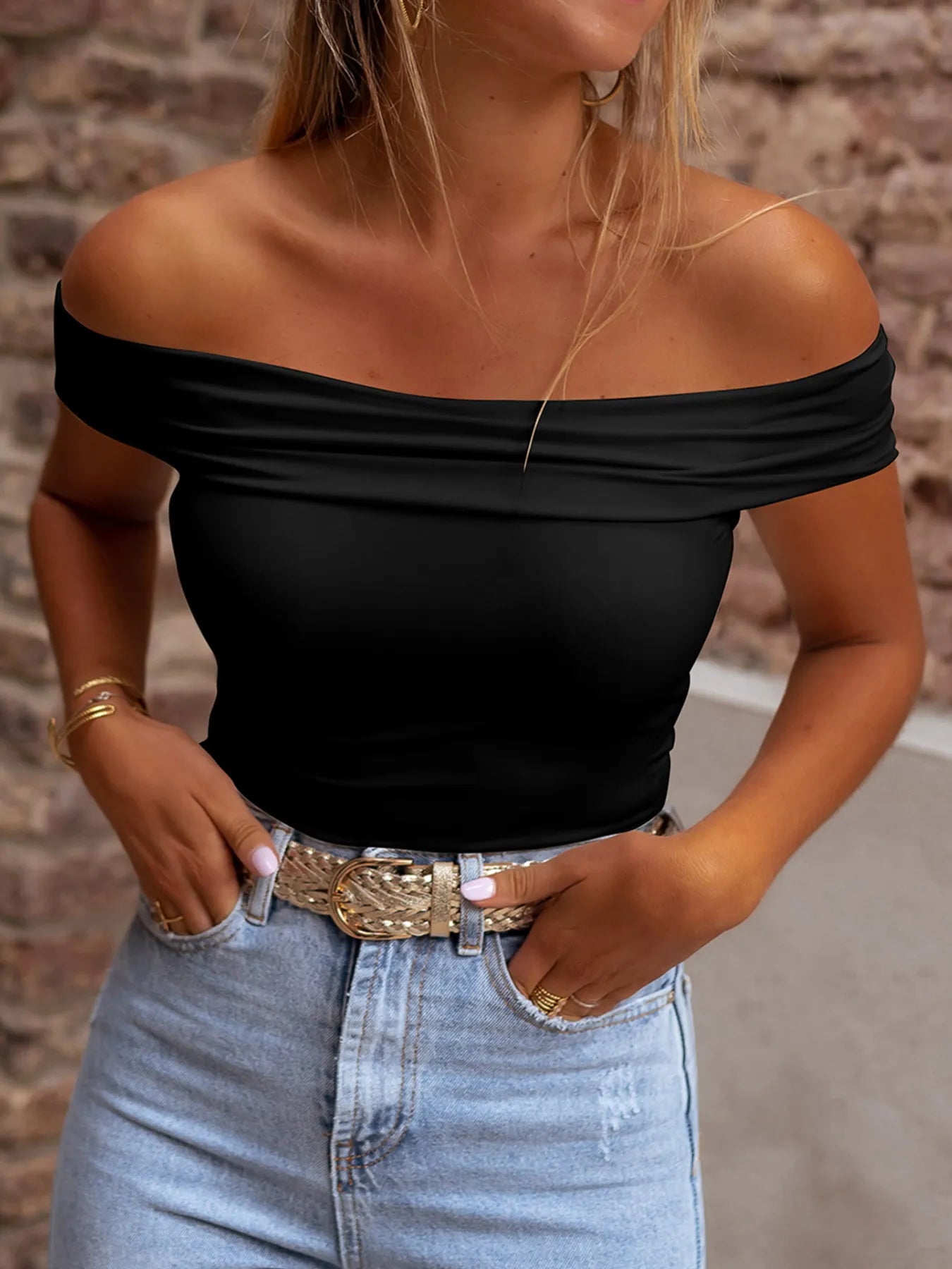 Folded Off Shoulder Slim Top Black OutfitFlow