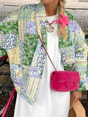 Outfit Flow - Printed Patchwork Open Front Cardigan with Pockets