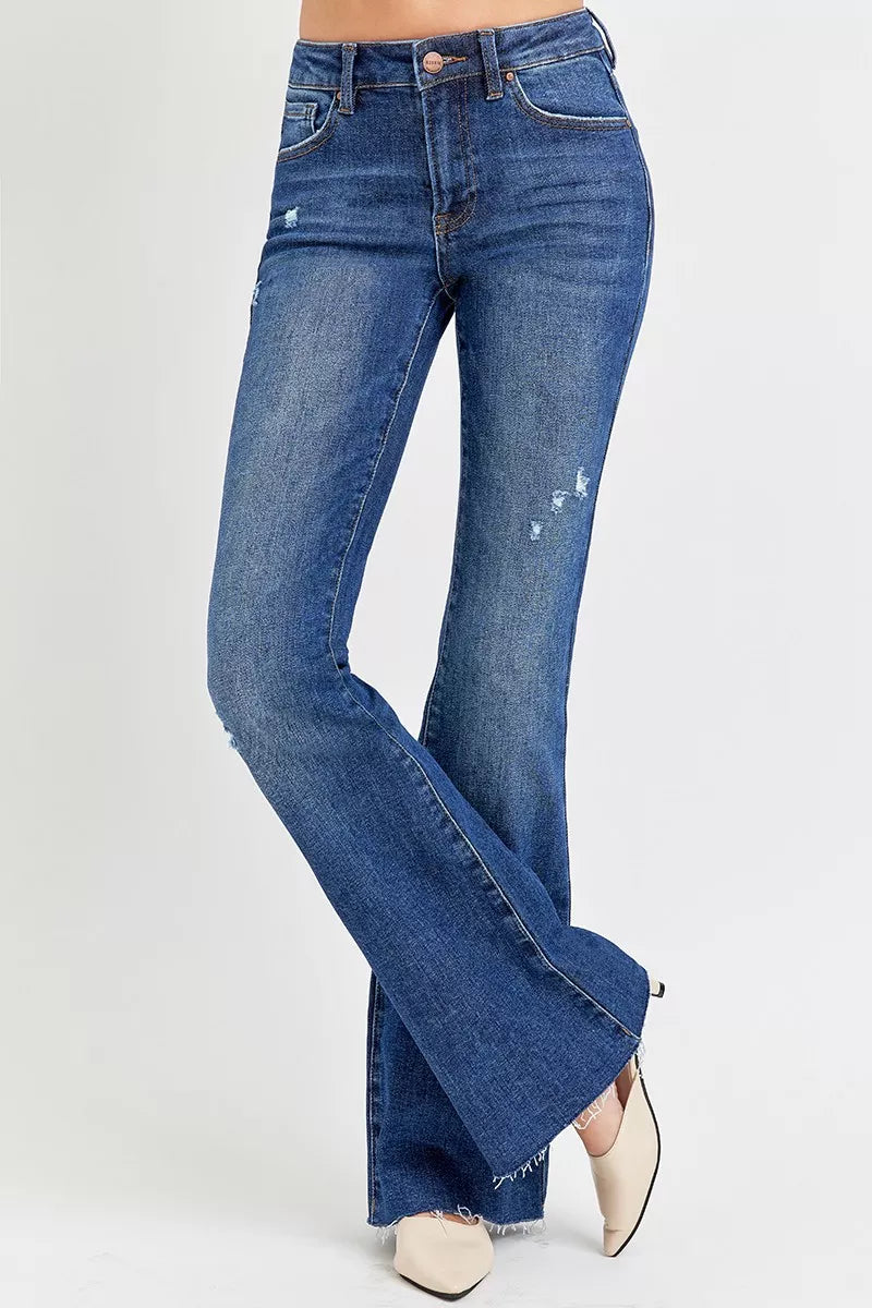RISEN Full Size Distressed Mid Rise Flare Jeans Plus Size OutfitFlow