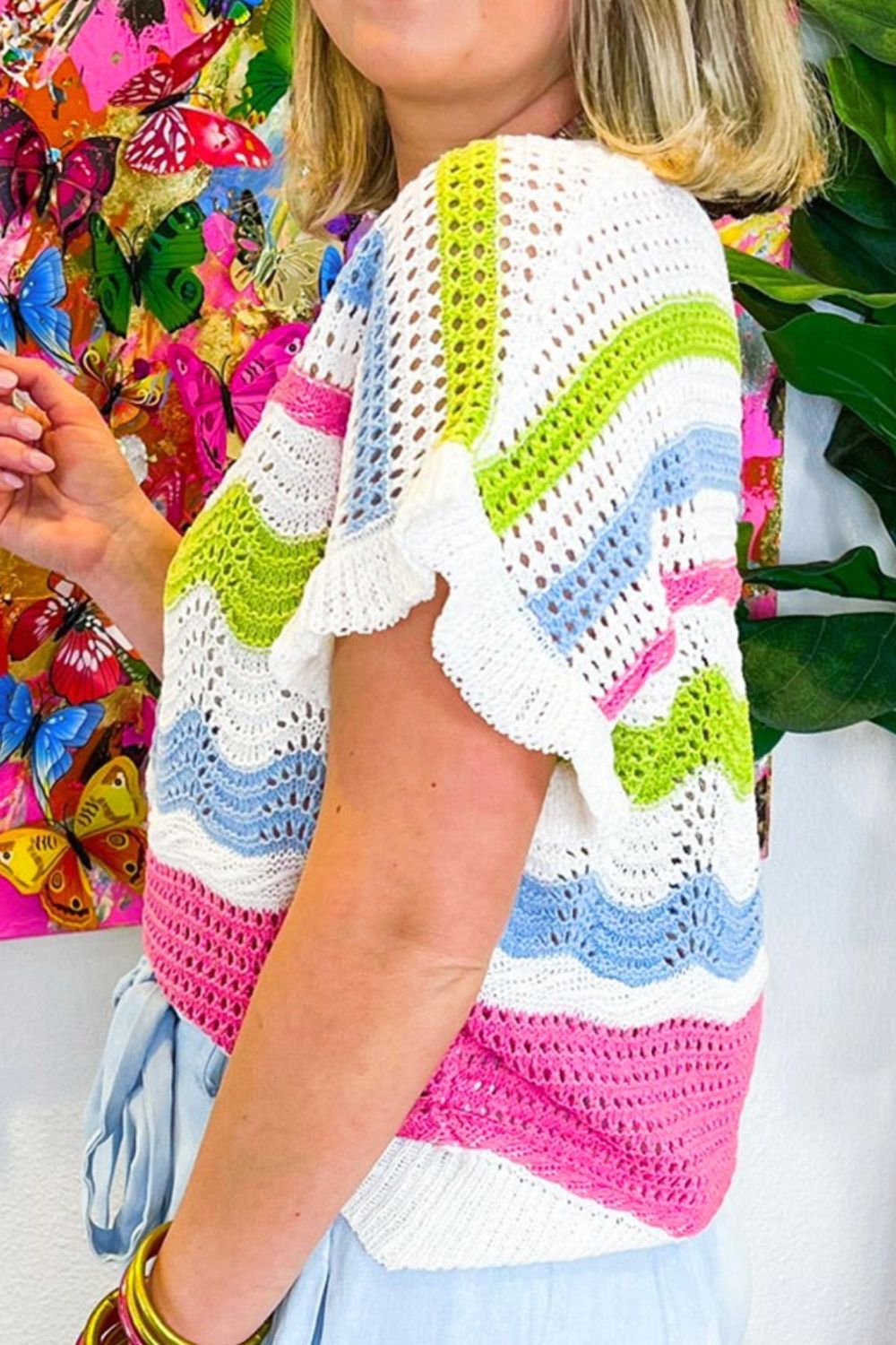 Color Block Crochet Ruffled Short Sleeve Knit Top OutfitFlow