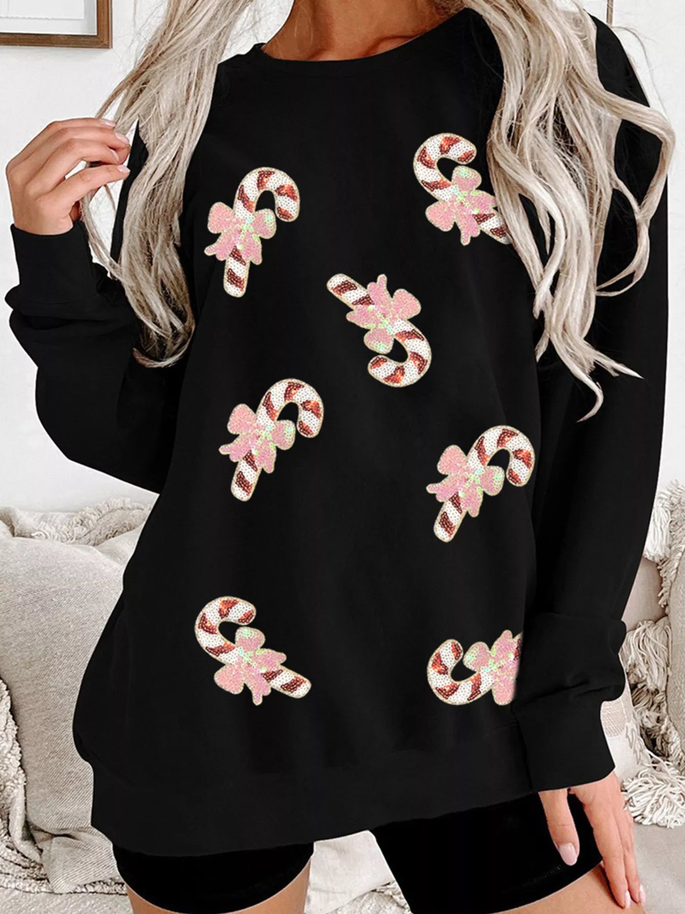 Christmas Candy Cane Sequin Patch Baggy Sweatshirt OutfitFlow