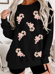 Christmas Candy Cane Sequin Patch Baggy Sweatshirt OutfitFlow