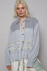 POL Button Down Floral Trim Ruffle Washed Shacket OutfitFlow