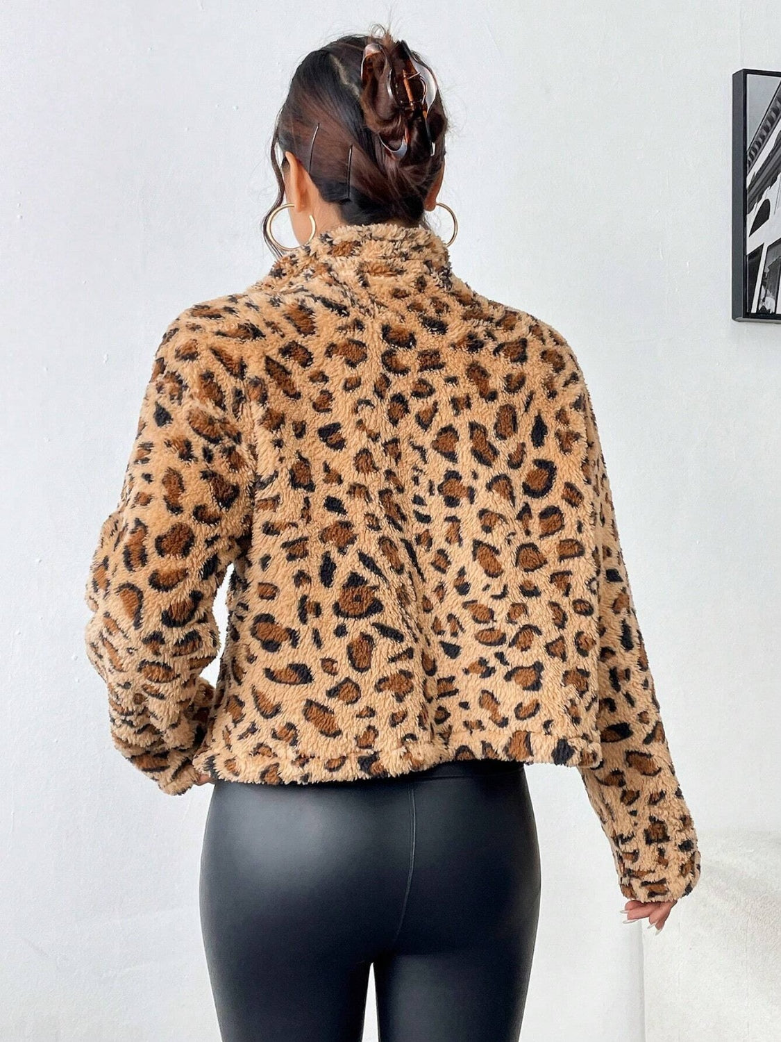 Outfit Flow - Fuzzy Turtleneck Leopard Zip Up Jacket