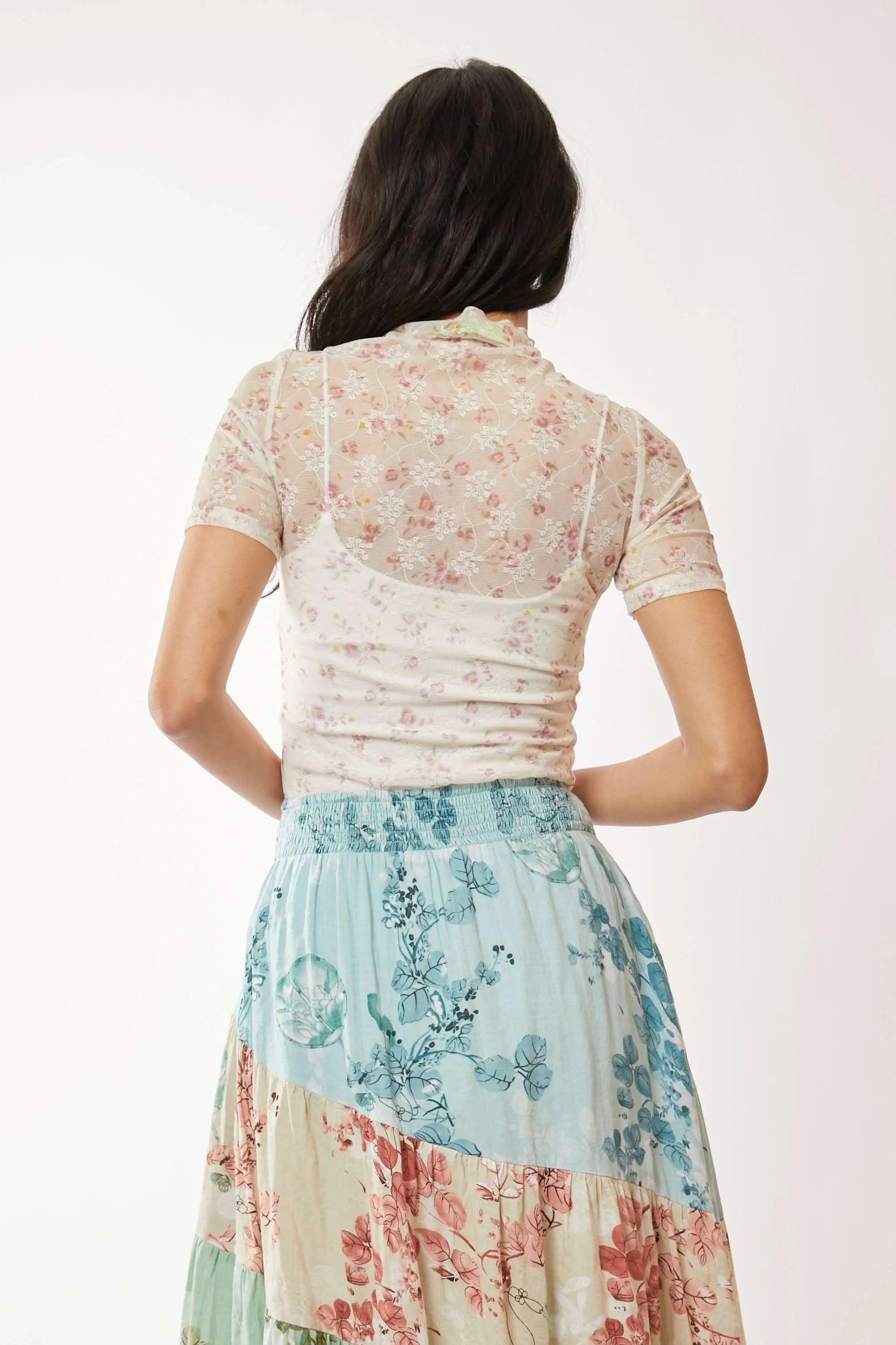Davi & Dani Floral Mesh Mock Neck Short Sleeve Top OutfitFlow