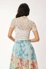 Davi & Dani Floral Mesh Mock Neck Short Sleeve Top OutfitFlow