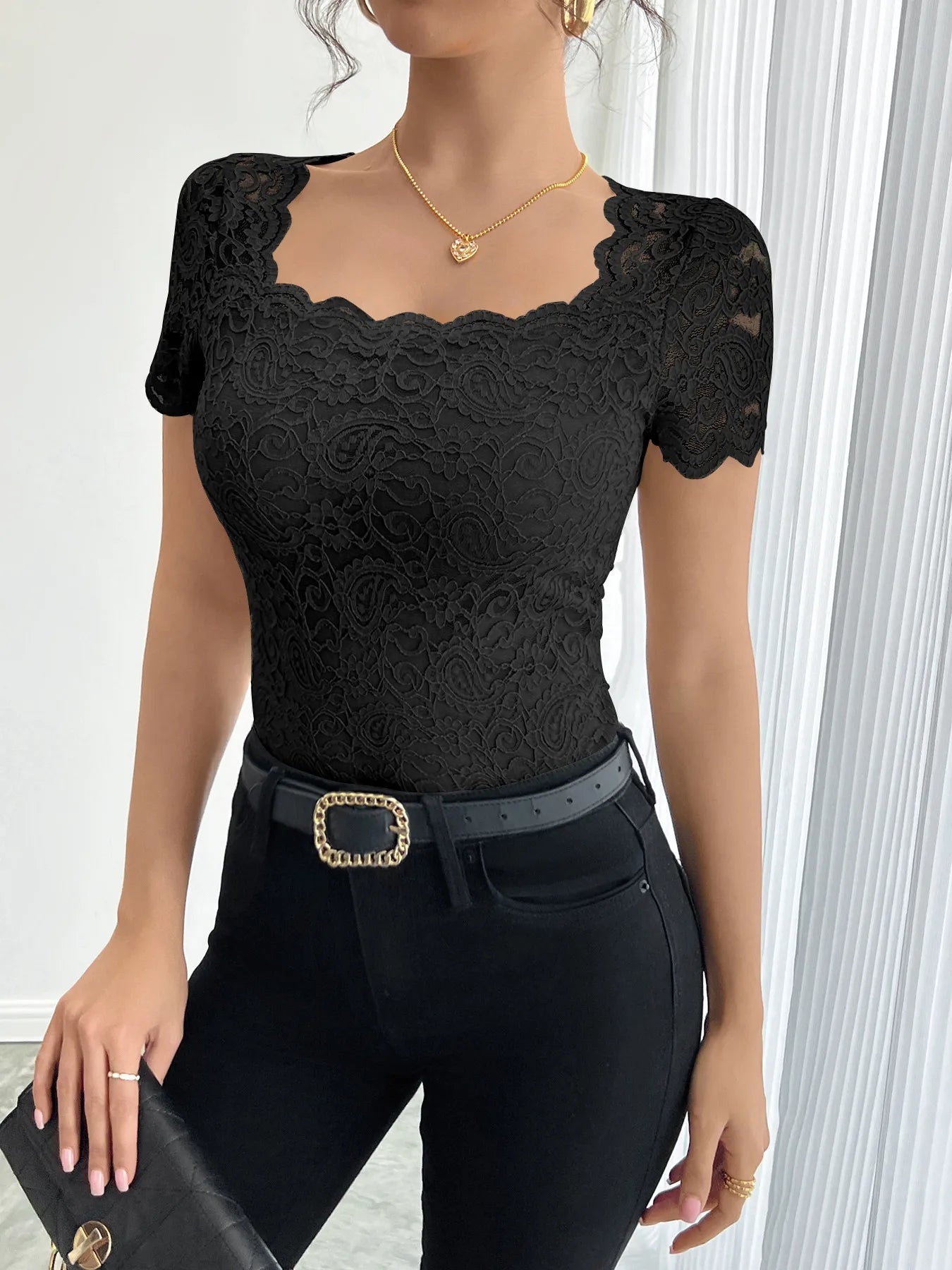 Floral Lace Square Neck T-Shirt OutfitFlow