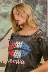 BiBi Laser Cut Mineral Washed Old Glory Lip Print Top OutfitFlow