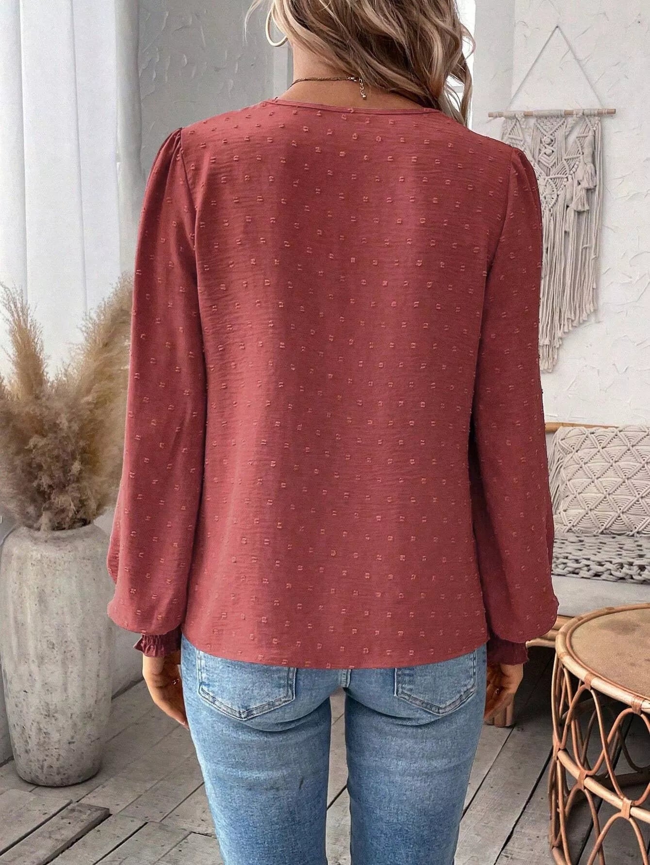 Swiss Dot Lace Detail Long Sleeve Blouse OutfitFlow