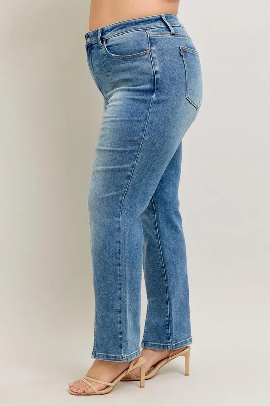 Judy Blue Full Size High Waist Vintage Wash Front Seam & Slit Straight Plus Size OutfitFlow