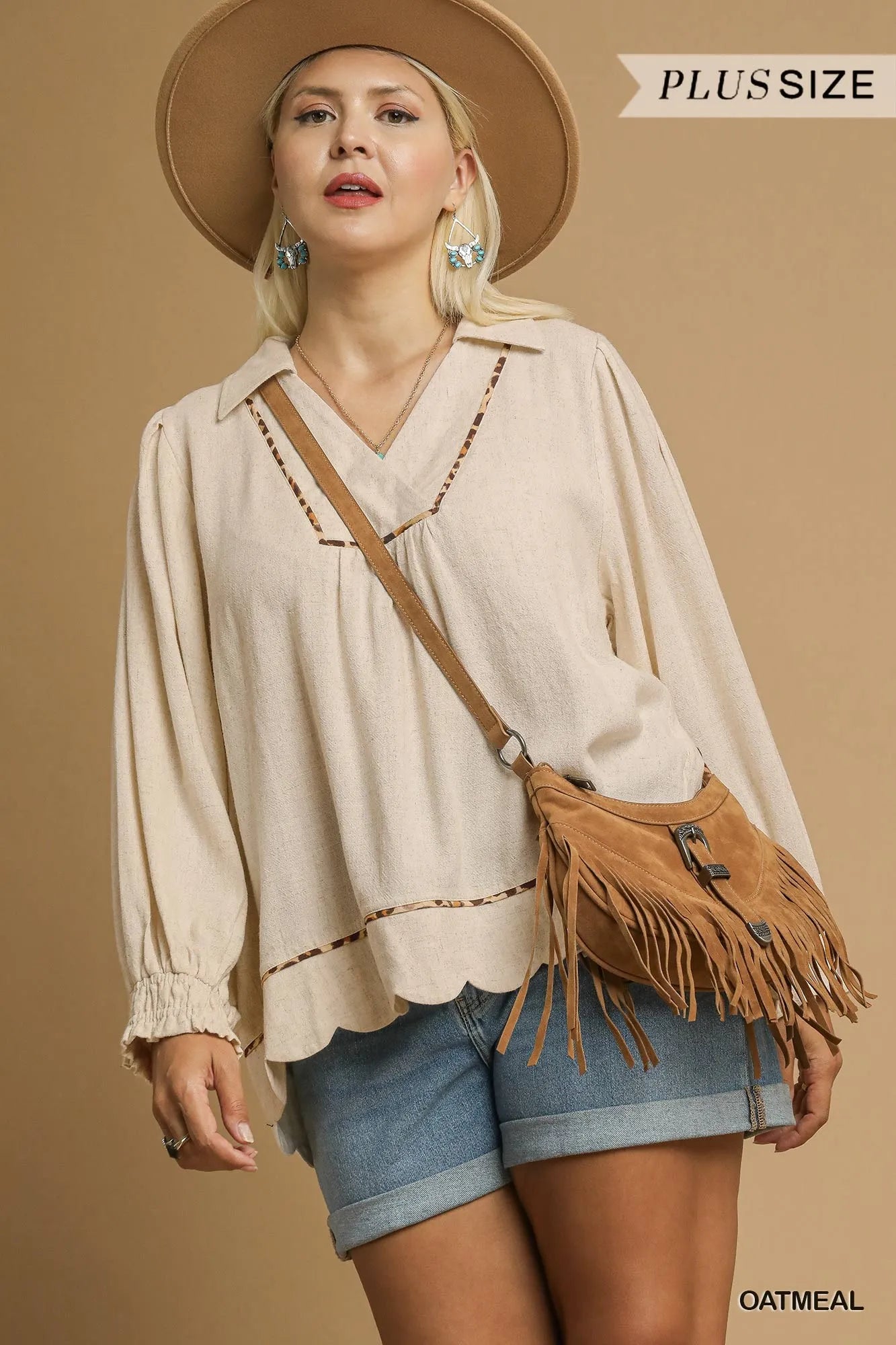 Umgee Full Size Linen Scallop Hem Blouse with Contrast Trim Plus Size Trendsi