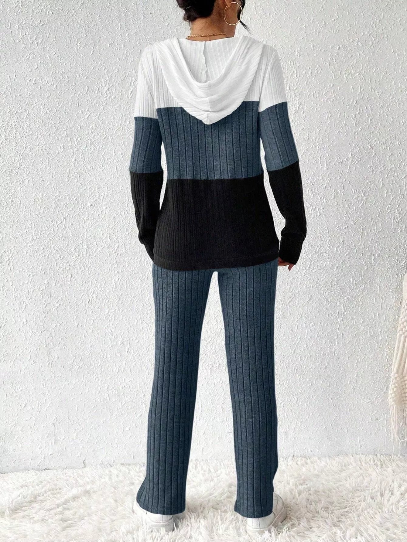 Color Block Half Zip Hooded Top and Pants Set OutfitFlow