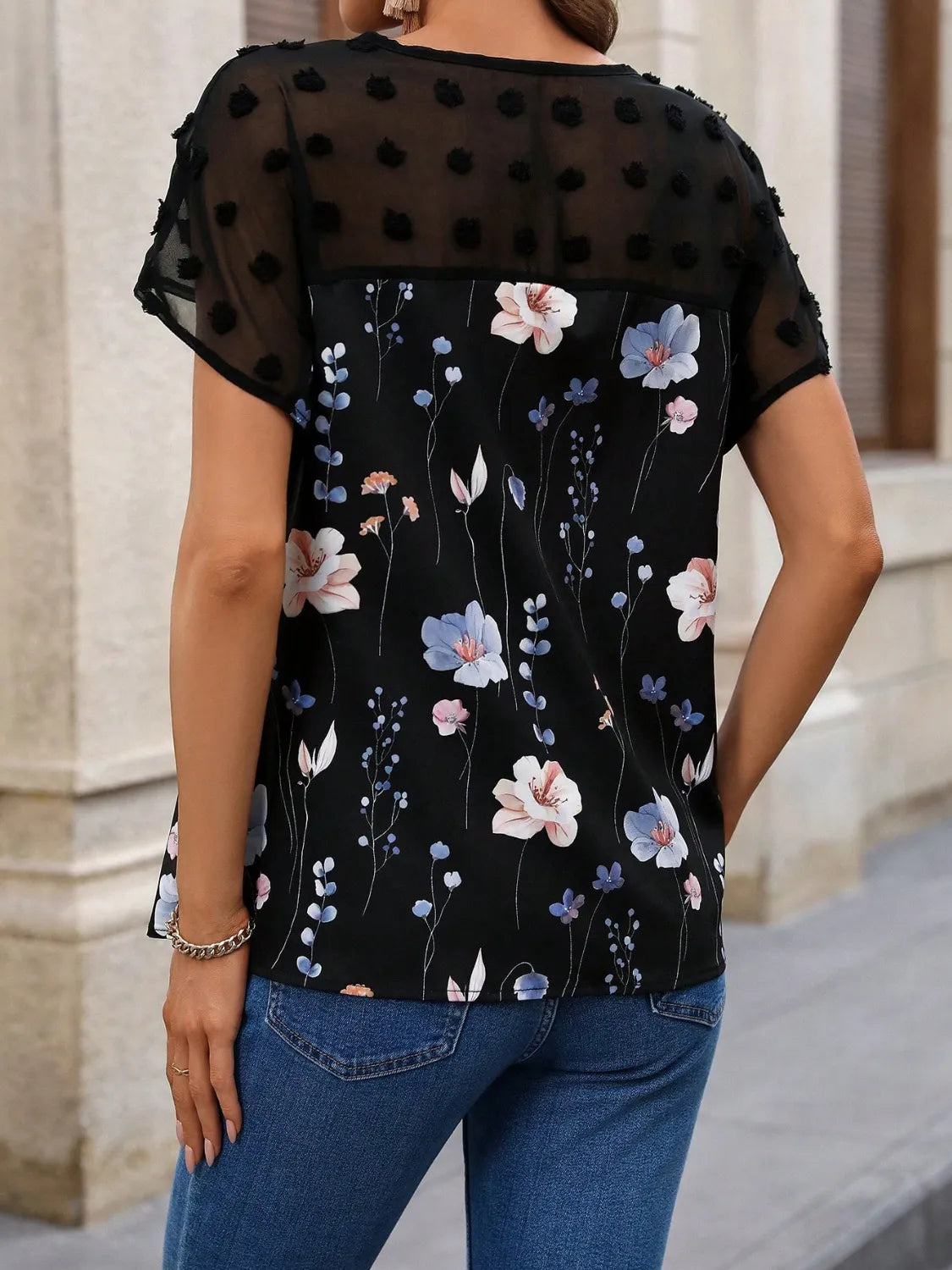 Floral Print V-Neck Flutter Sleeve Casual Top OutfitFlow