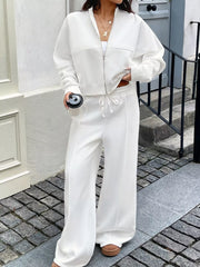 Zip Up Jacket & Wide Leg Pants Set Gray white OutfitFlow