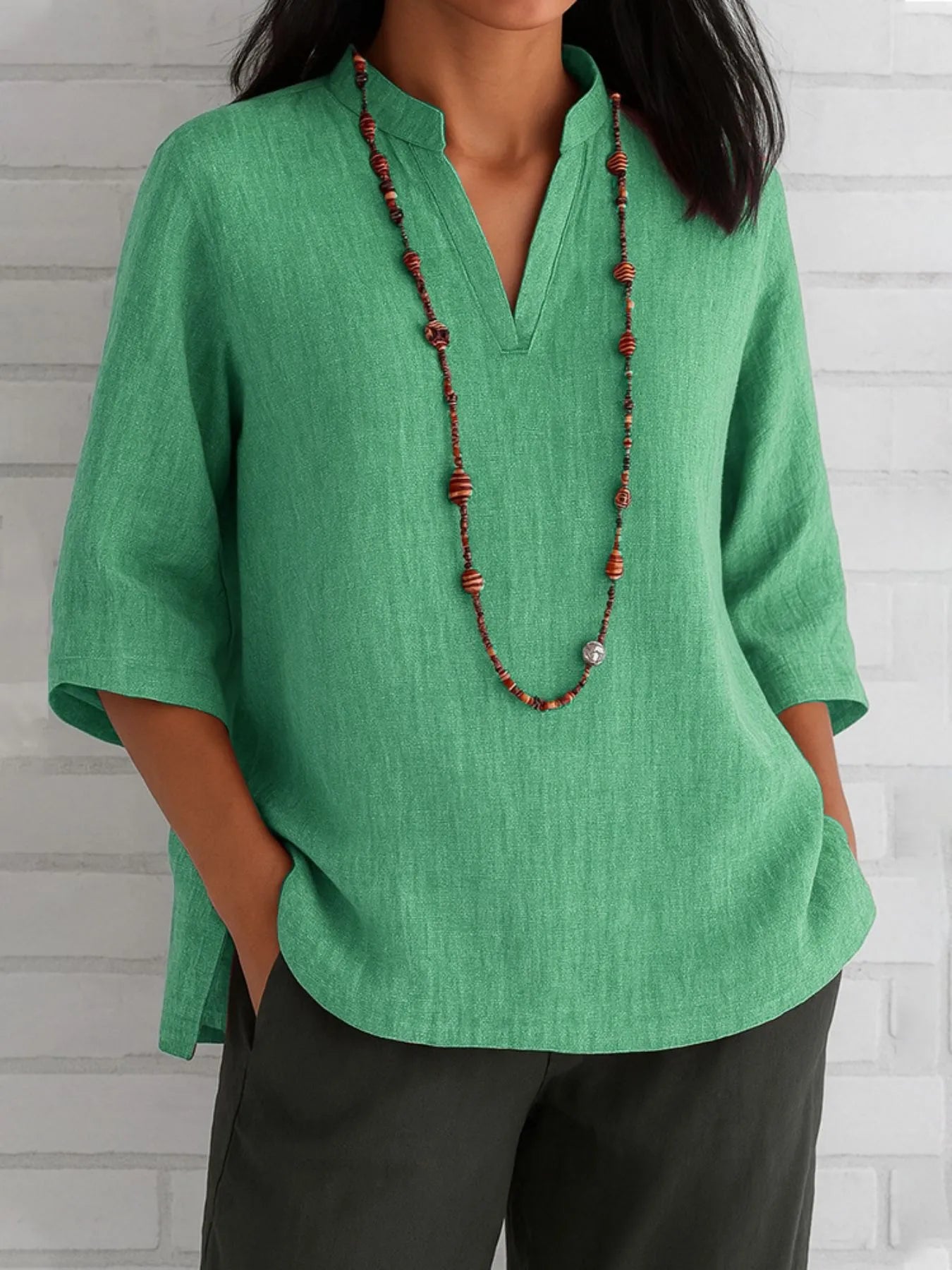 Full Size Notched Three-Quarter Sleeves Blouse Plus Size Green OutfitFlow