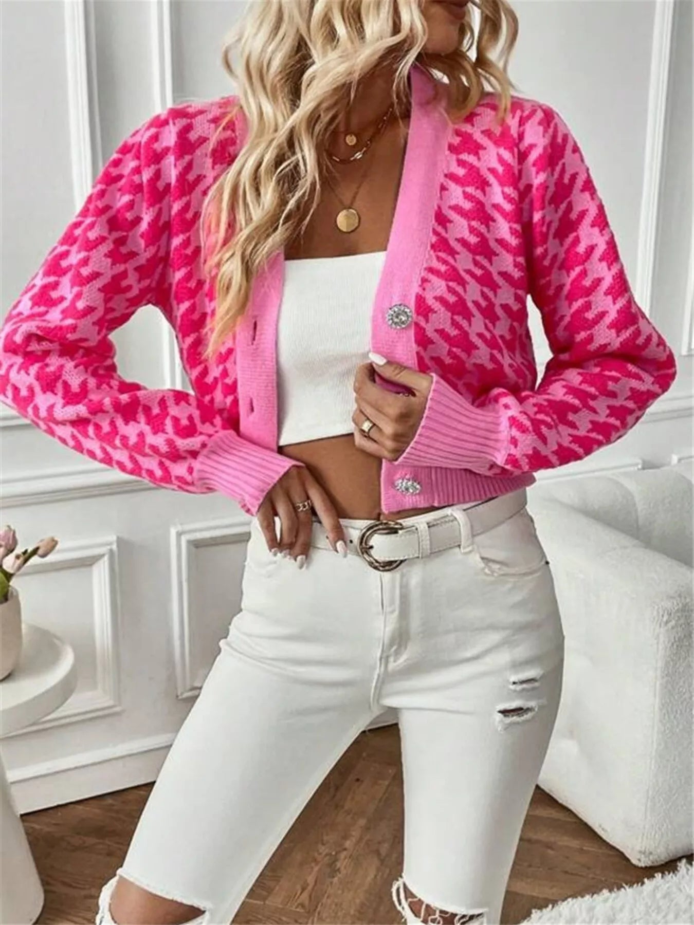 Houndstooth V-Neck Button Up Cardigan Hot Pink OutfitFlow