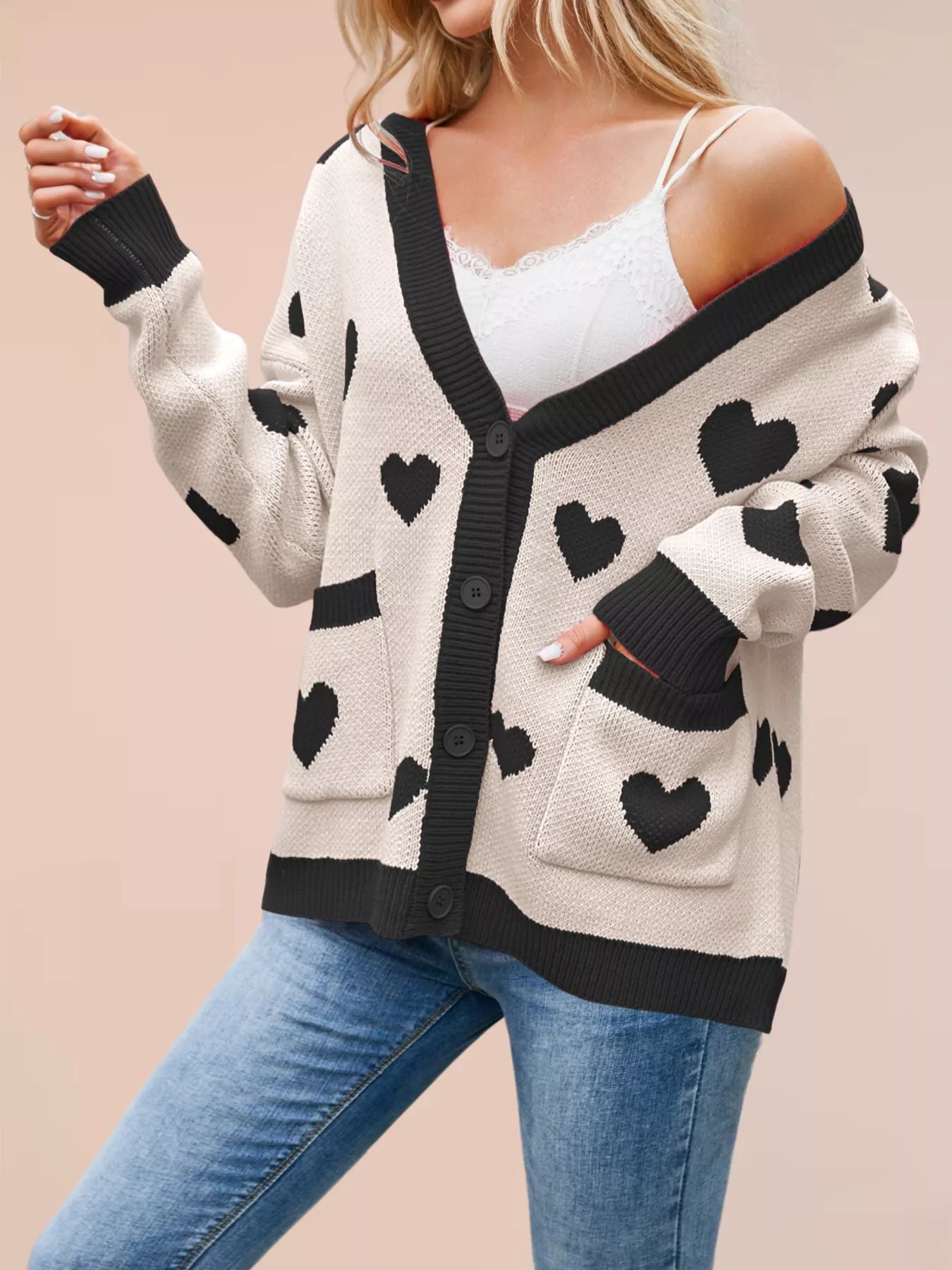 Heart Pattern Button-Up Knit Cardigan OutfitFlow